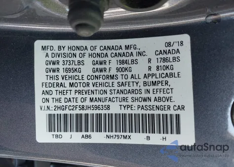 2018 Honda Civic Lx z USA, uszkodzony, nr VIN 2HGFC2F58JH596358